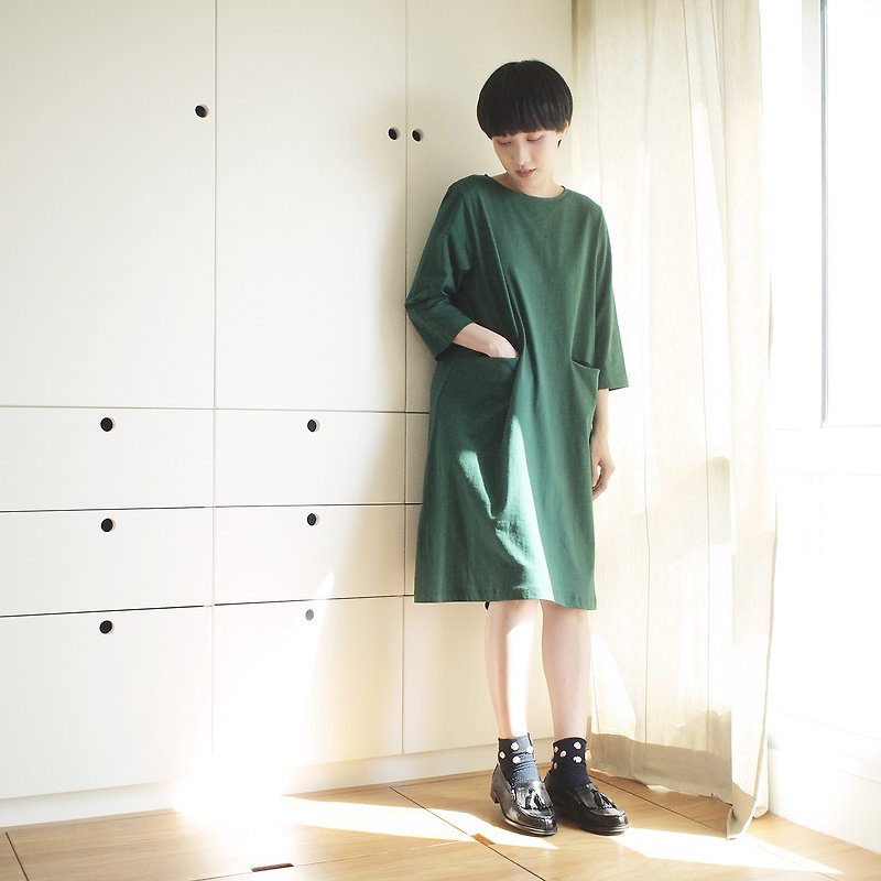 contrast pocket dress : green - 連身裙 - 棉．麻 綠色
