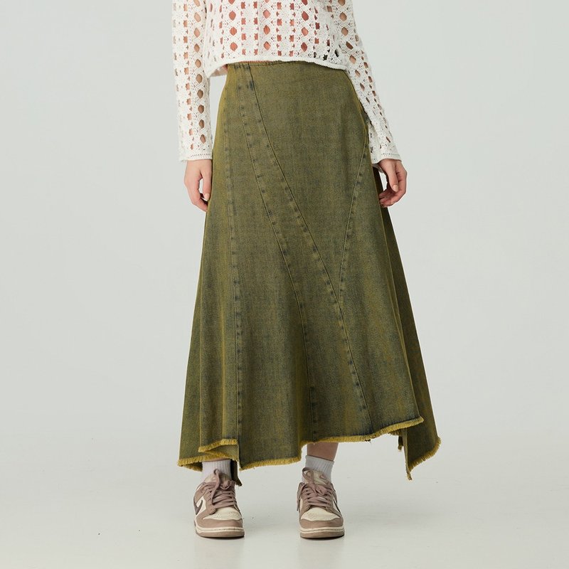 OUWEY Ouwei retro stitching denim skirt (green) 3243328219 - กระโปรง - ผ้าฝ้าย/ผ้าลินิน สีเขียว