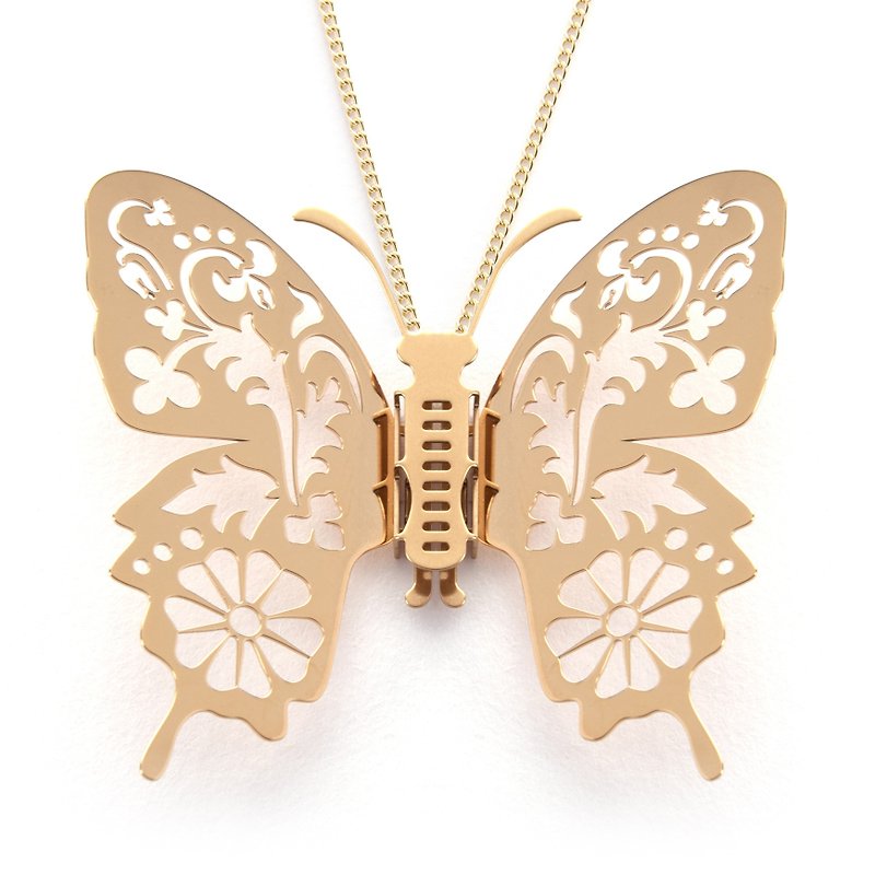 Interchangeable Wings Butterfly Necklace Impression of Flowers and Plants (Golden) Medical Stainless Steel Long Chain Exclusive Patent - สร้อยคอ - โลหะ สีทอง