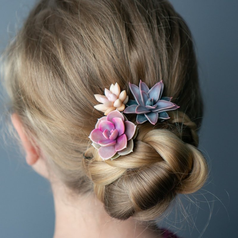 Hairpin set with Graptopetalum Rusbyi - 髮圈/髮夾 - 其他材質 
