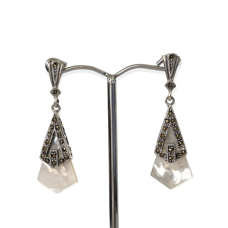 Art Deco Style Mother of Pearl&Marcasite Drop Earrings / Set 925 Sterling Silver - 耳環/耳夾/耳骨夾 - 純銀 白色
