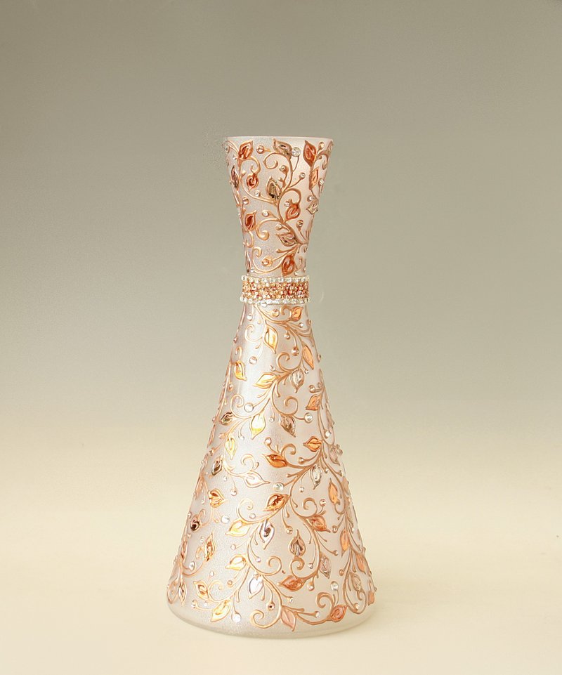 Glass vase Hand-painted. Rose gold and Copper Floral design. - 擺飾/家飾品 - 玻璃 金色