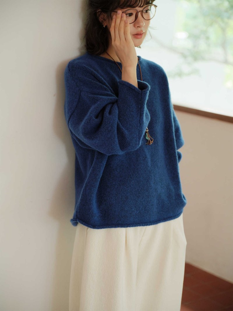 ラムウールブレンド ロールヘム ストレートシルエット ドロップショルダー ニット - ニット・セーター - コットン・麻 多色