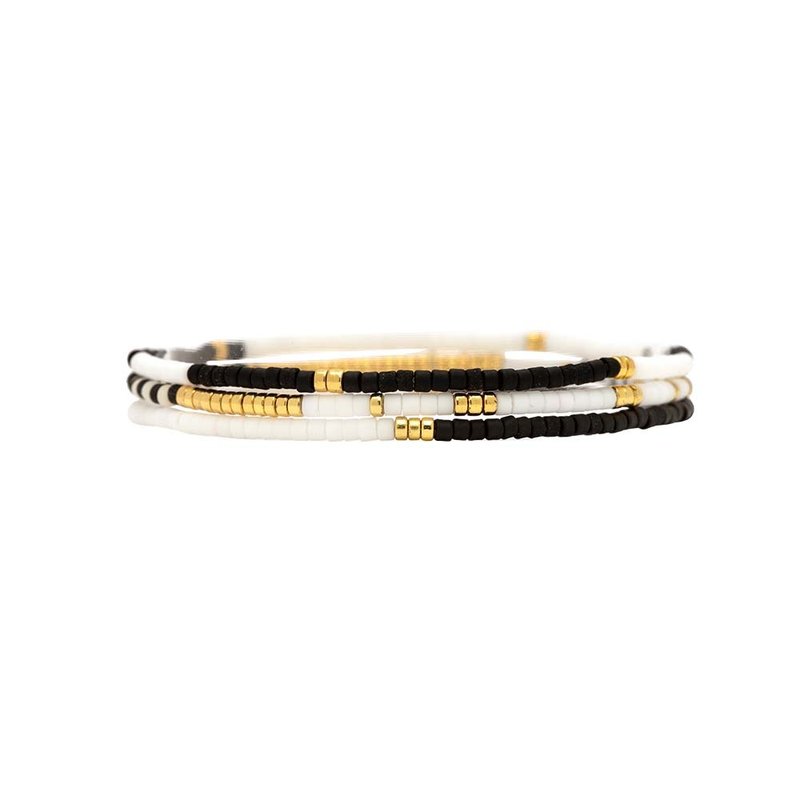 Pura Vida 美國手工 MONOCHROME 黑白串珠 金色伸縮手鍊三件組 - 手鍊/手環 - 其他金屬 多色