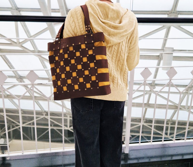 Leather Canvas Tote, Large Shopper, Brown Yellow Shoulder Bag,  Handmade Gift - 手提包/手提袋 - 真皮 咖啡色