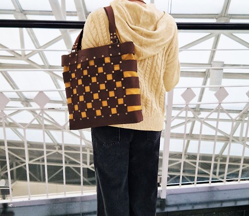 LU11NA Leather Canvas Tote, Large Shopper, Brown Yellow Shoulder Bag, Handmade Gift