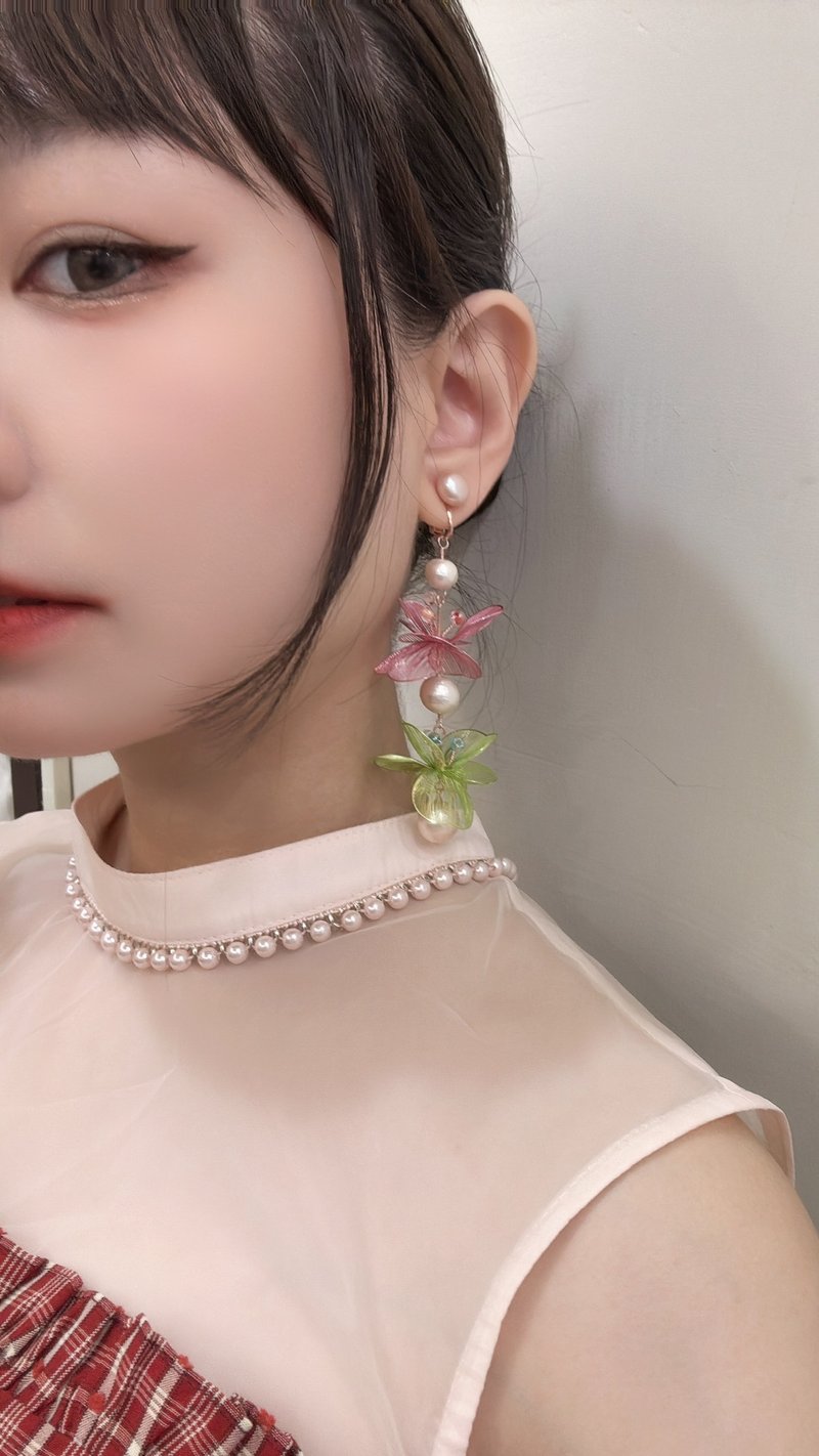 Grand Floral Dangle Earrings | Stud Earrings | Asymmetrical Design | Clip-on | Post - Earrings & Clip-ons - Other Metals Pink
