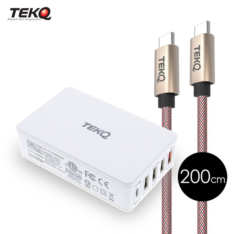 TEKQ5孔 63W USB-C/USB PD QC 旅充+TEKQ USB-C 200cm - 行動電源/充電線 - 其他材質 白色