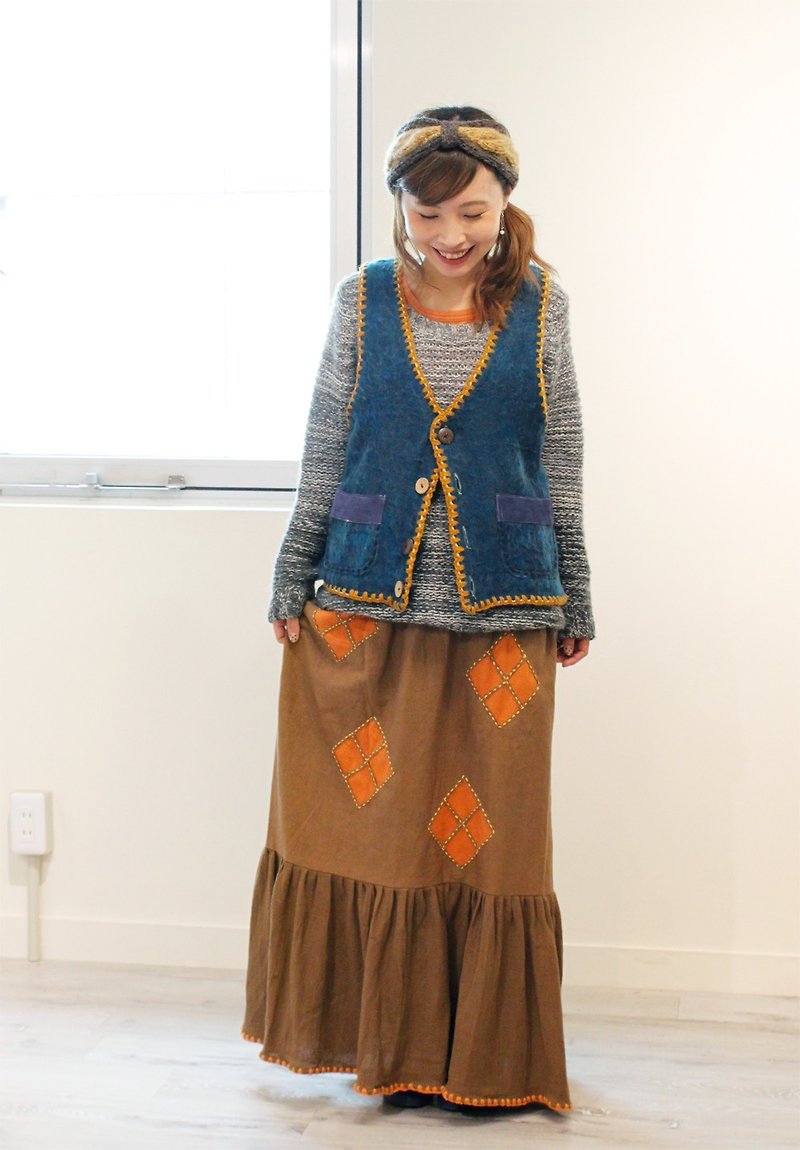 Retro Long Skirt Handmade Patch Work Hippie Style - กระโปรง - ผ้าฝ้าย/ผ้าลินิน สีเขียว