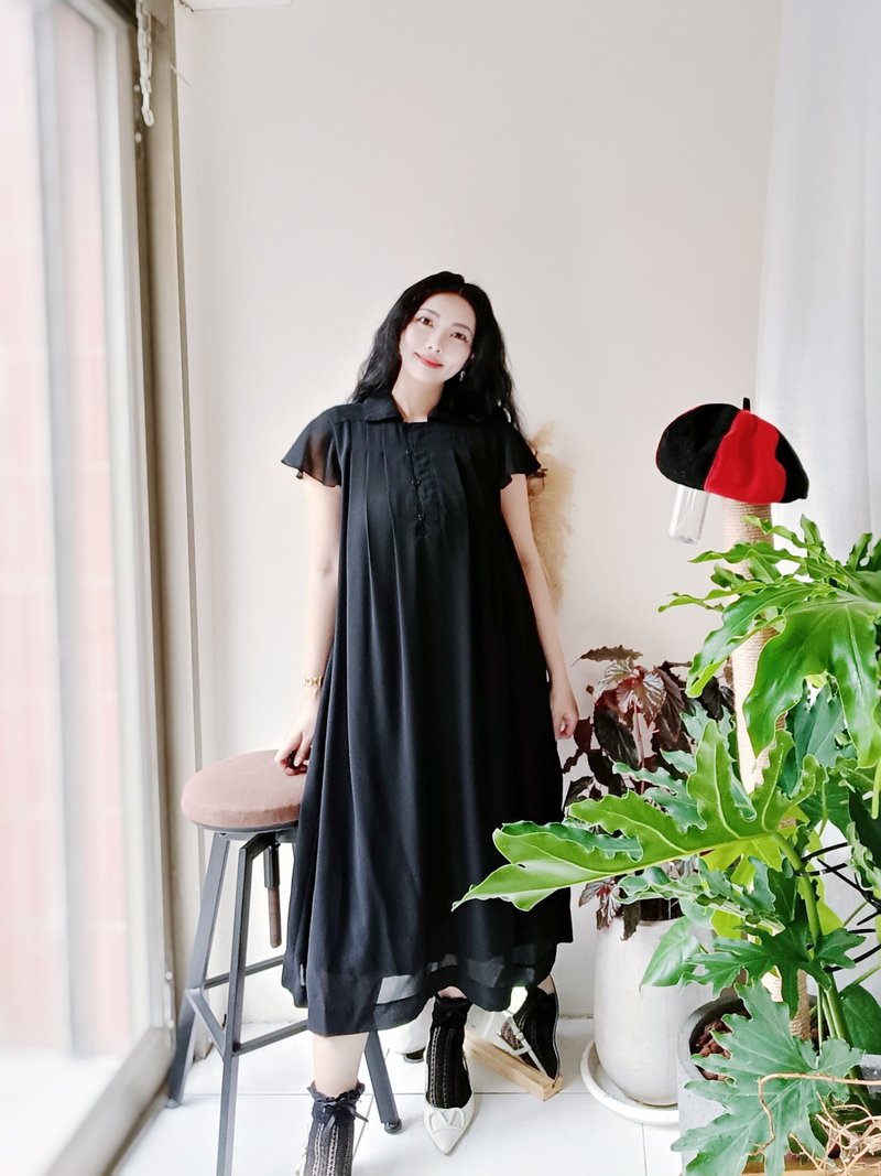 純黑素面摺線飄袖大A字 長裙洋裝連身裙連衣裙古著ドレスDress - 洋裝/連身裙 - 聚酯纖維 黑色