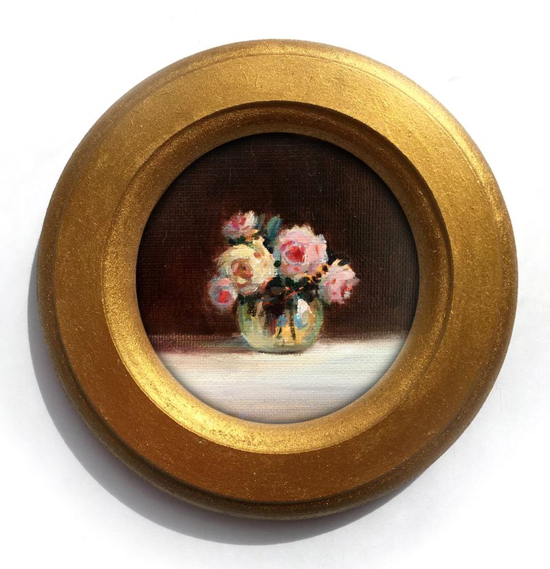 Framed Flower Painting antique style bouquet still life 金色圆框 古典风格 - 壁貼/牆壁裝飾 - 其他材質 粉紅色