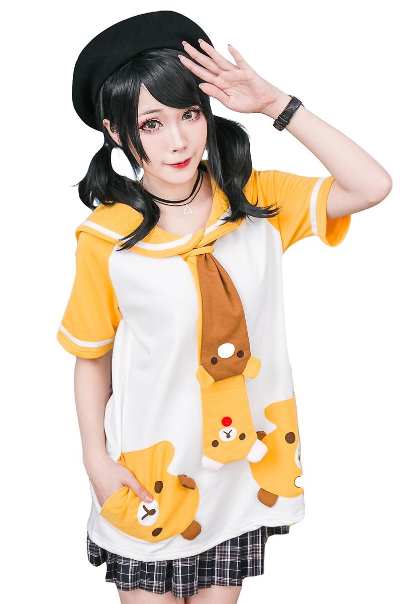 Japan Cute Rilakkuma Banana Bar Sailor collar uniform tshirt w/ tie JCE0005 Y - เสื้อยืดผู้หญิง - ผ้าฝ้าย/ผ้าลินิน สีเหลือง
