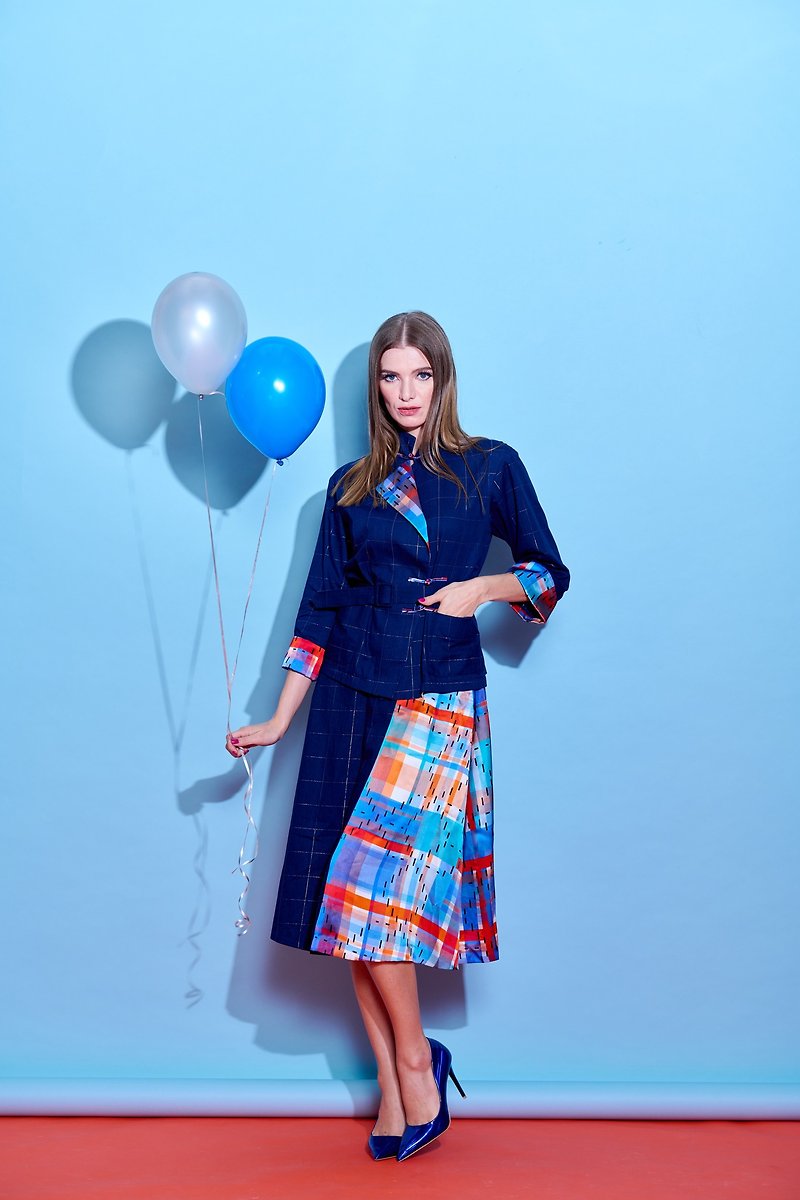 【SYNERGY】Red-White-Blue Satin Indigo Midi Skirt - Skirts - Other Materials Blue