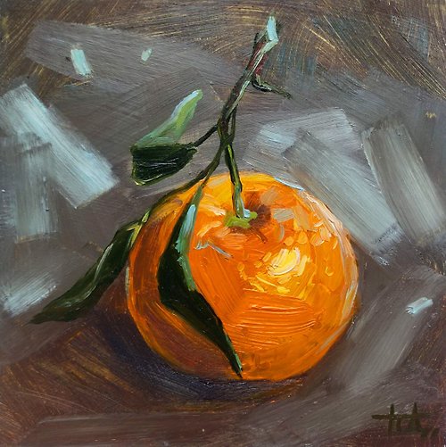 Diven.art Original oil painting 5x5 inches Tangerine with leaves minimalist still life