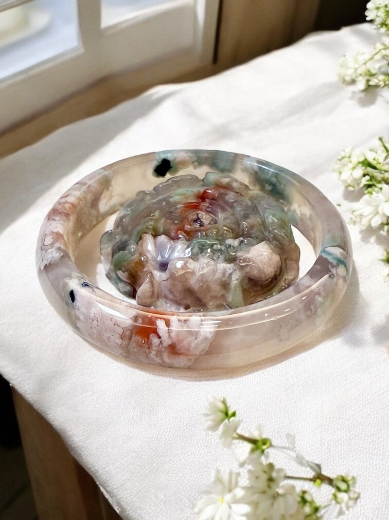 櫻花瑪瑙手鐲 瑪瑙手鐲超級稀有蜜桃菜園子紅花滿圈收藏品55-56 - 手鍊/手環 - 玉石 