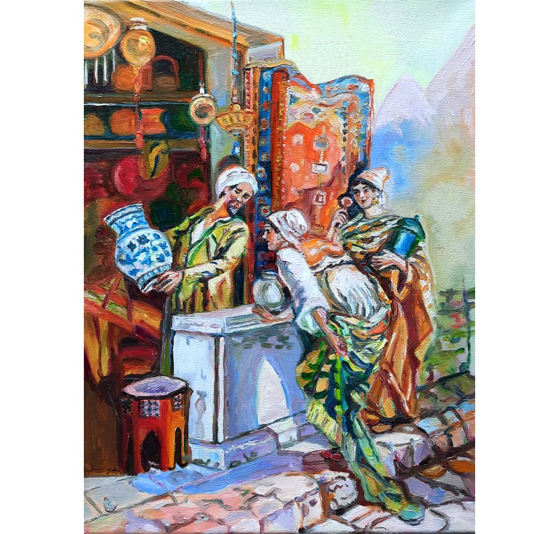 Oriental Bazaar Painting   Original Art Oil Painting Oil on Canvas Wall Decor - 壁貼/牆壁裝飾 - 其他材質 黃色