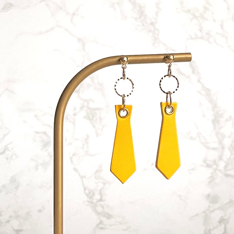 Necktie earrings/ Clip-On yellow sparkle /// Genuine leather Metal allergy-friendly - Earrings & Clip-ons - Genuine Leather Yellow
