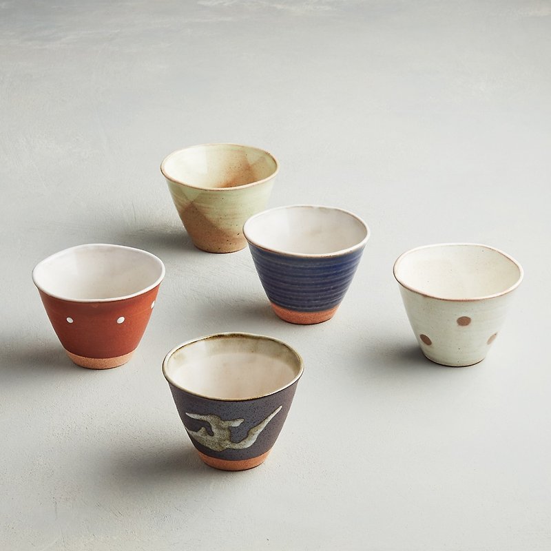 日本美濃燒 - 古窯釉彩陶杯 - 禮盒組(5件式) – 9.5cm - 茶壺/茶杯/茶具 - 陶 多色