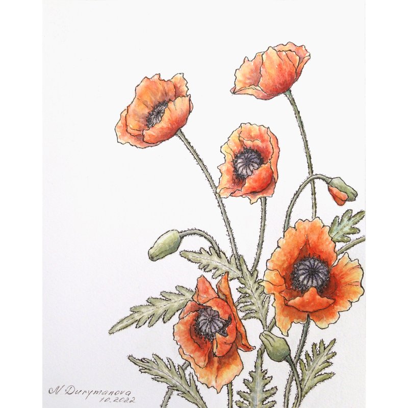 Poppy Painting Original Art Flower Watercolor Painting Floral Art by NataDuArt - 海報/掛畫/掛布 - 紙 
