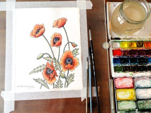カリフォルニアポピーの絵画 オリジナル水彩画 花のアートワーク