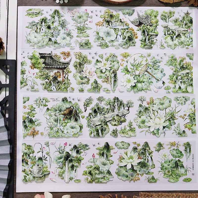 OKMT新七天原創中國風流麻咕卡貼紙PET手帳手賬和紙膠帶 水漣春生 - 紙膠帶/和紙/PET - 塑膠 綠色