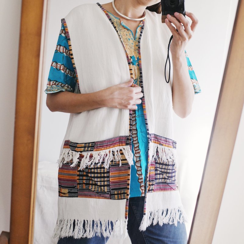 Vintage African handwoven vest jacket unisex style - เสื้อกั๊กผู้ชาย - ผ้าฝ้าย/ผ้าลินิน 