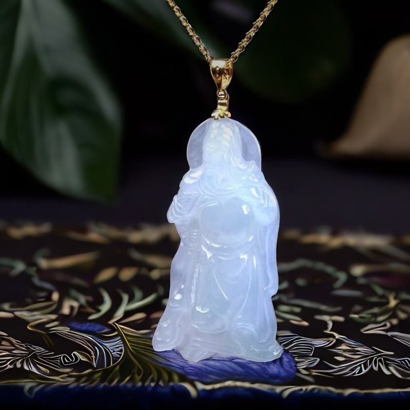 Ice Jade Guan Sheng Emperor Necklace 18K Gold Inlaid Pendant | Natural Burmese Jade A Grade Jade | Gift - สร้อยคอ - หยก สีใส