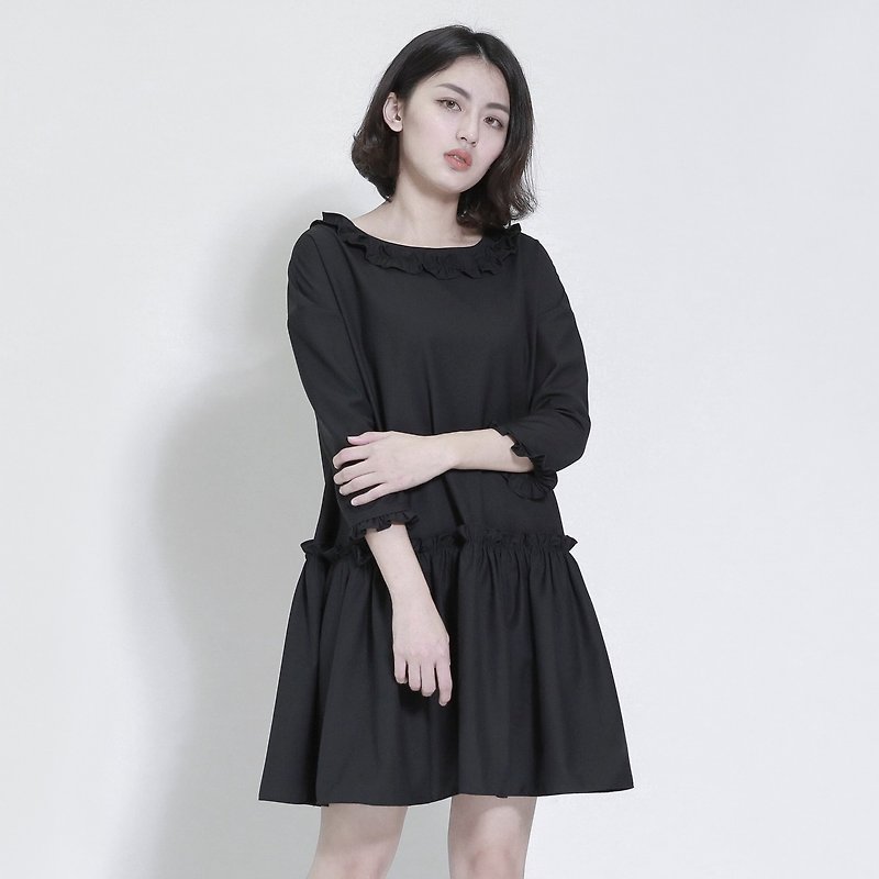 Frequency Lace Dress _8SF100_ Black - ชุดเดรส - ผ้าฝ้าย/ผ้าลินิน สีดำ