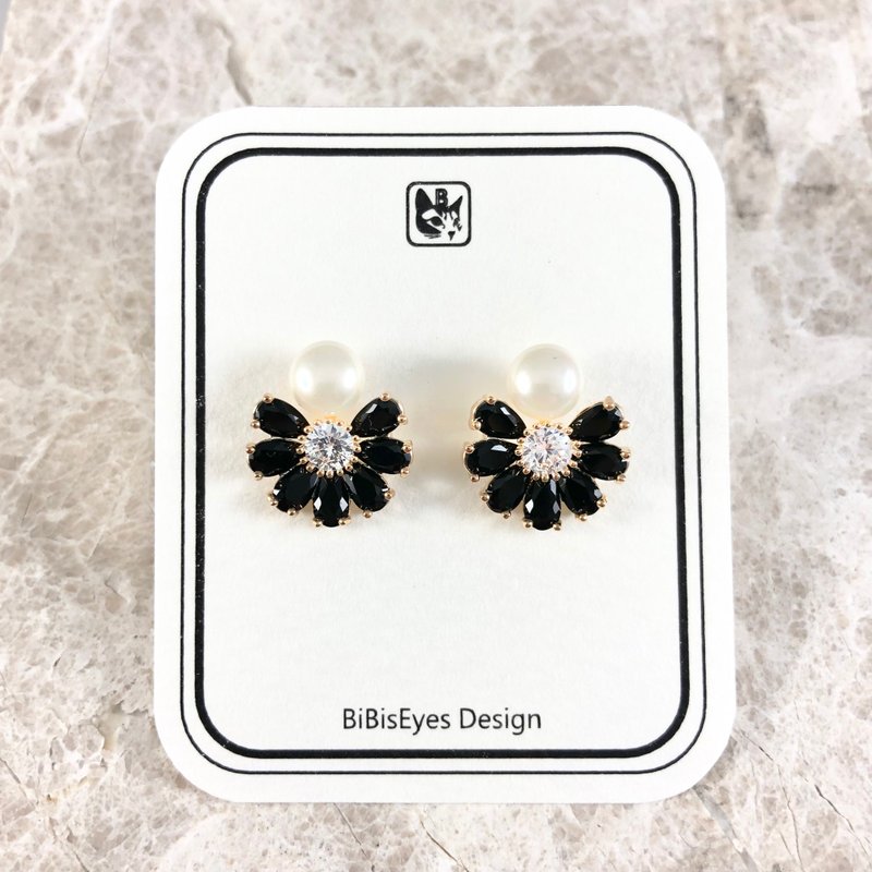 Bibi Fun Selection Series-Black Flower and Pearl Stainless Steel Earrings - ต่างหู - สแตนเลส 