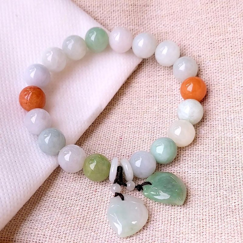 Burmese Jade Bracelet Mixed Pastel Color Decorated with Jade Pendant Size 9 mm - 手鍊/手環 - 玉石 多色