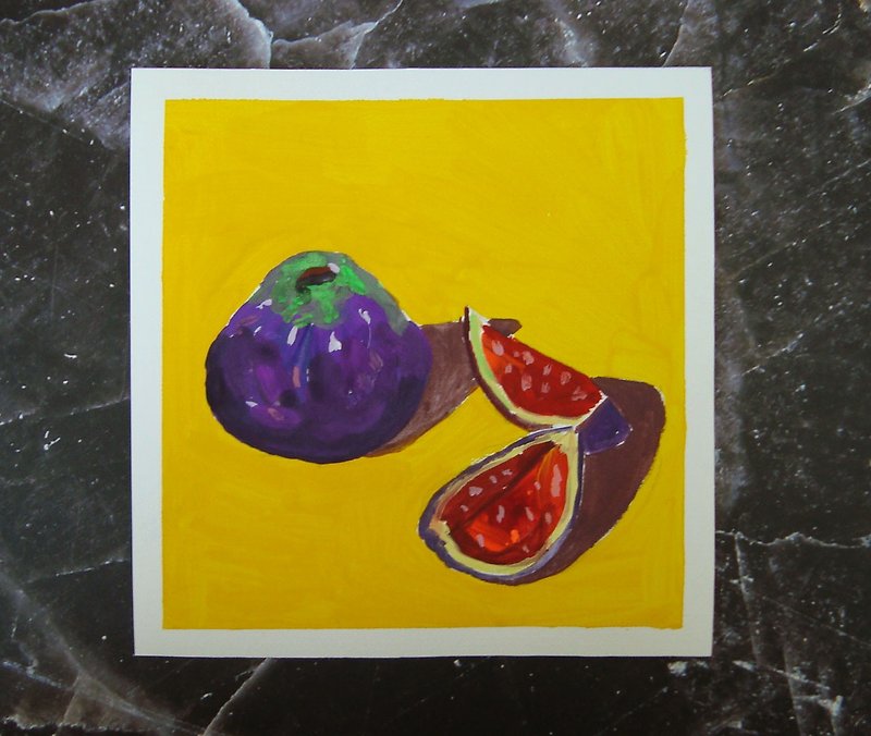 Gouache painting Figs on a yellow background still life, Original Art - Wall Décor - Paper Yellow