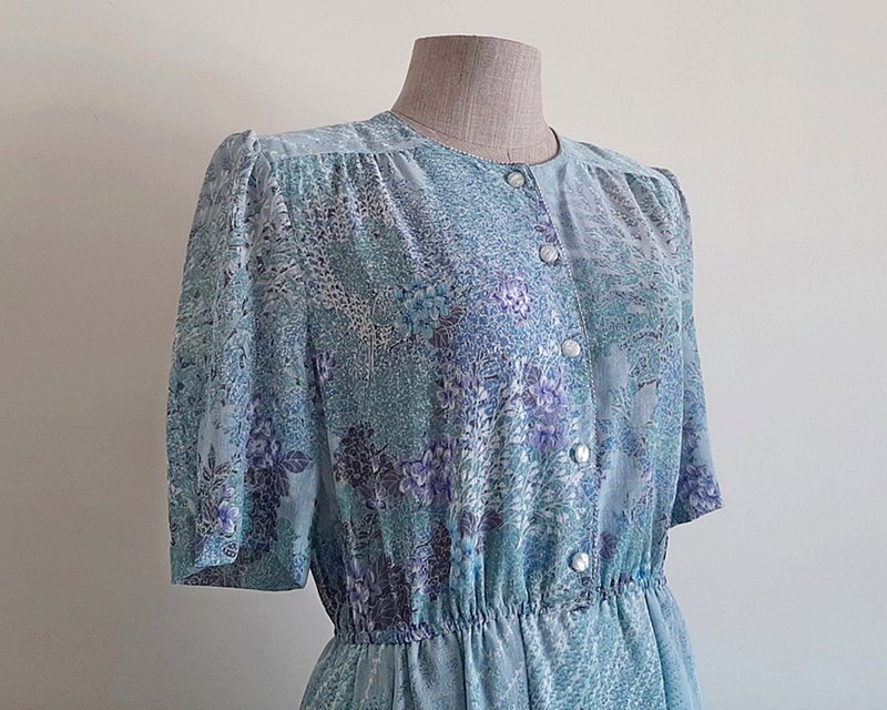 Vintage Green Blue Floral Dress - ชุดเดรส - เส้นใยสังเคราะห์ สีน้ำเงิน