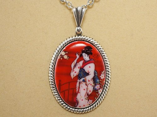 AGATIX Geisha Porcelain Cameo Necklace Japanese Lady Red Fuchsia Oval Pendant Jewelry