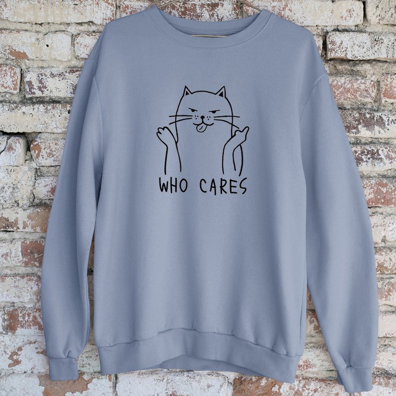 Who Cares Cat #2 中性大學T 刷毛 藍灰色 貓毛小孩聖誕交換禮物 - 女上衣/長袖上衣 - 棉．麻 灰色