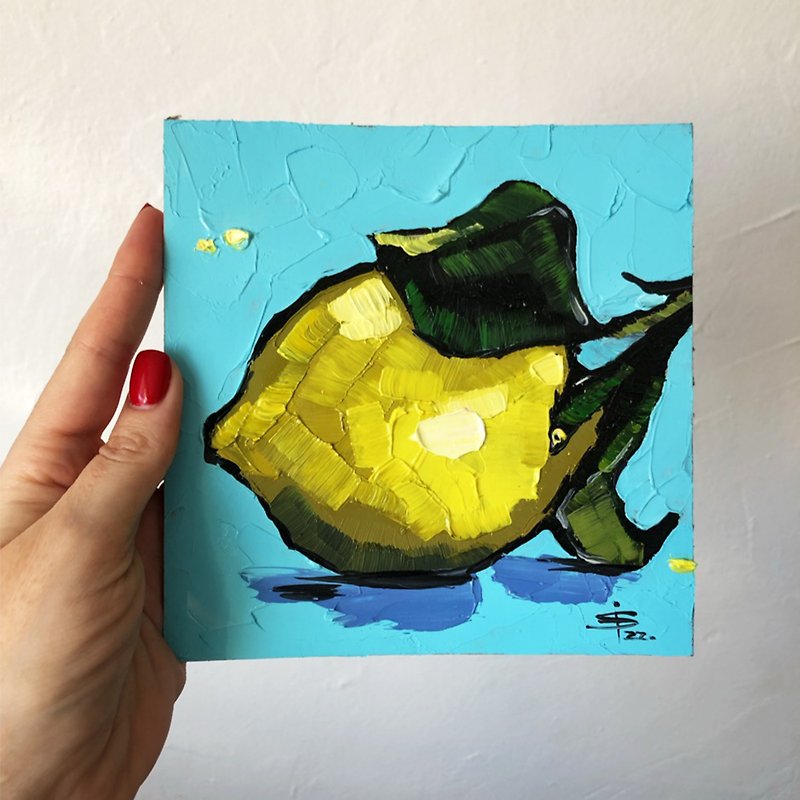Lemon painting, Kitchen art, Mini oil painting, Food painting, Original Art