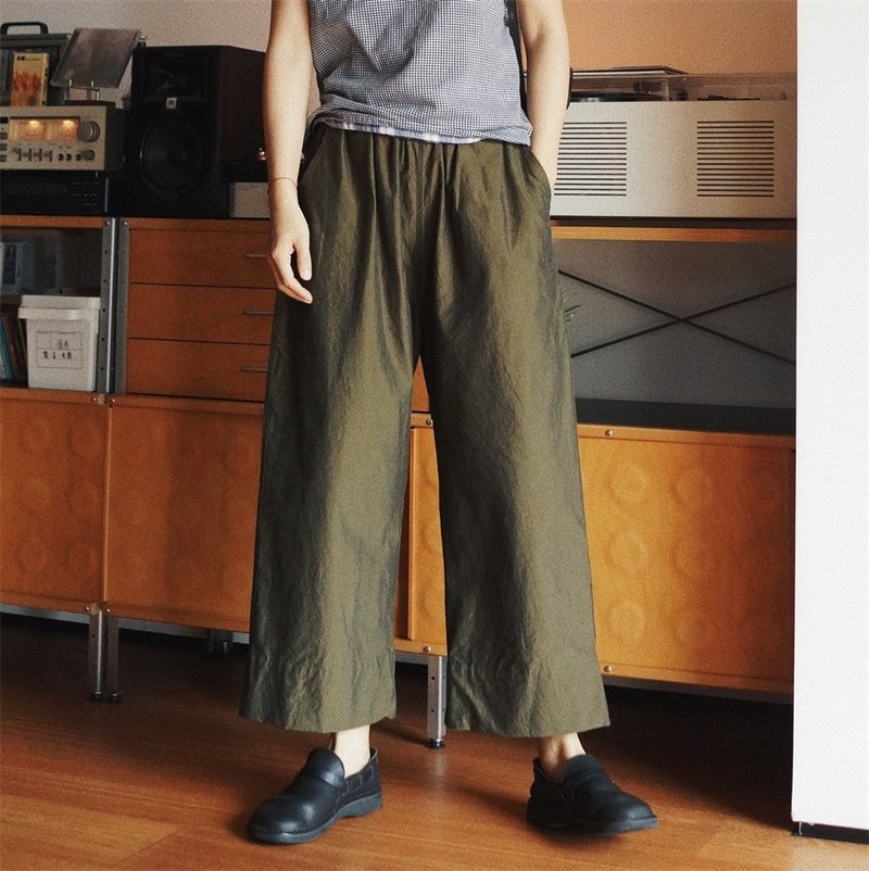 Brown green imported Pima cotton elastic waist casual pants high density fine cotton crisp straight pants - กางเกงขายาว - ผ้าฝ้าย/ผ้าลินิน สีเขียว