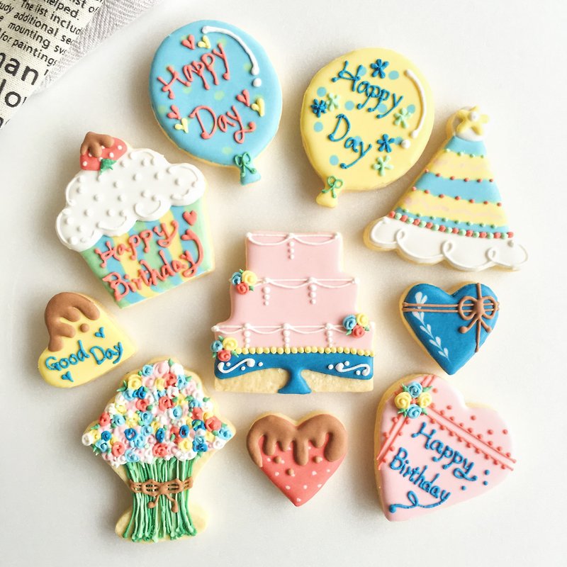 糖霜餅乾 • 花漾生日派對 創意設計餅乾10片組 - 手工餅乾 - 新鮮食材 