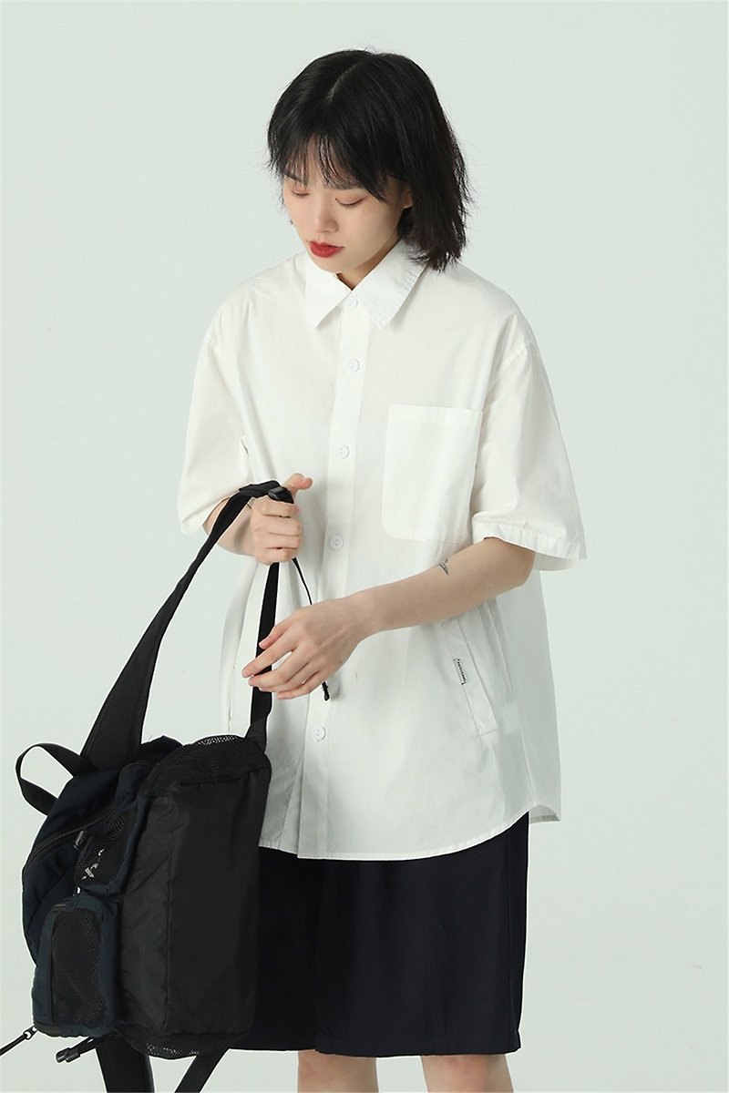 コットン・麻 シャツ・ブラウス ホワイト - オーバーサイズ半袖シャツ　5色　高品質コットン　ユニセックス　S-2XL