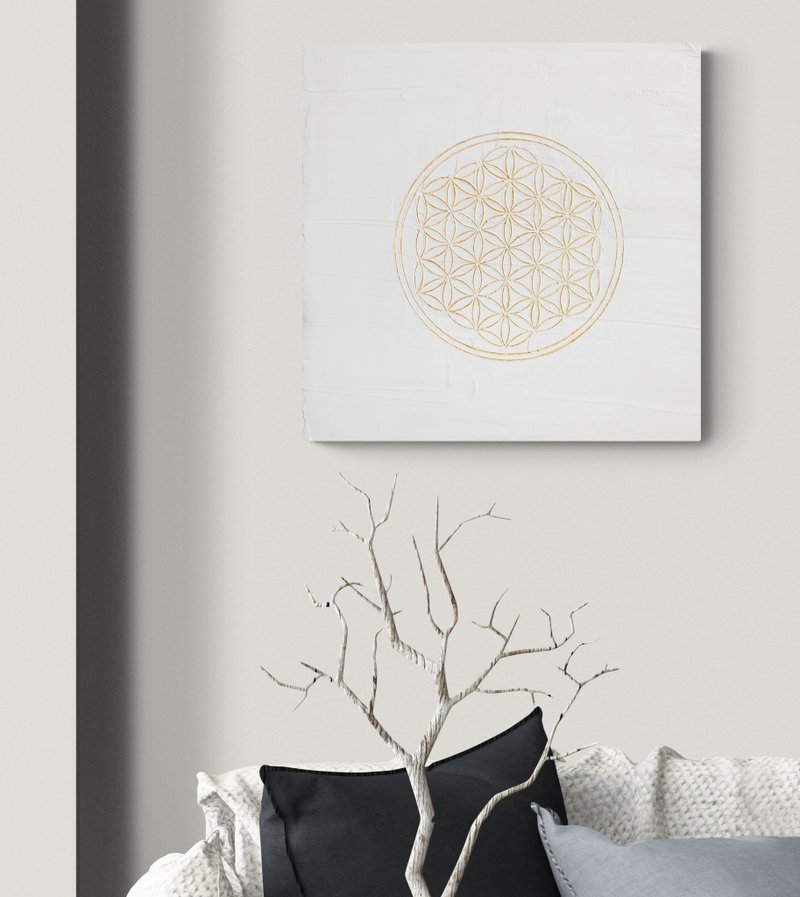 Textured golden mandala Flower of life Bas-relief art Sacred geomenty painting - 壁貼/牆壁裝飾 - 水泥 白色