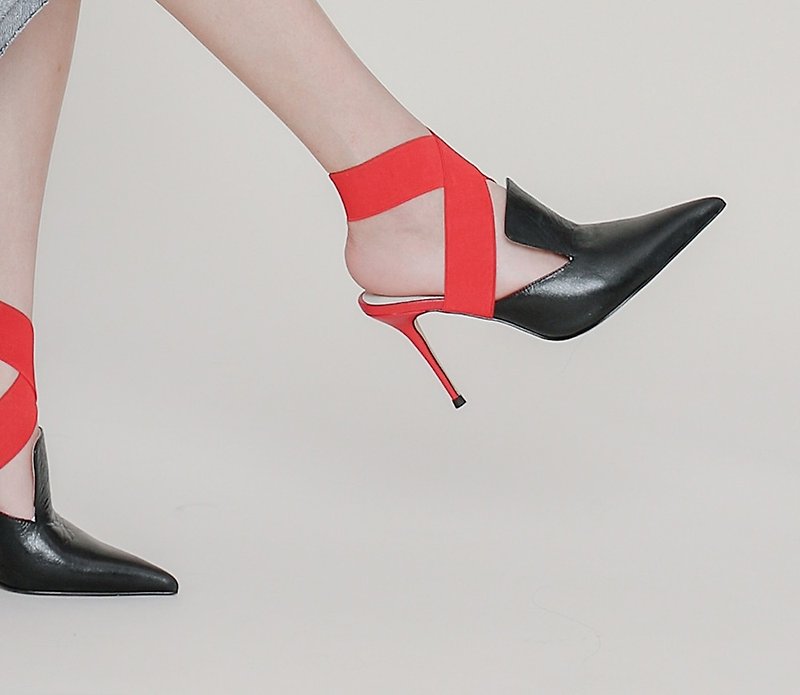 Wide face bandage led high heel sandals black red - รองเท้ารัดส้น - หนังแท้ สีแดง