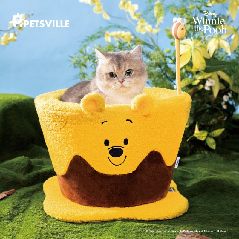 【預購優惠中】PETSVILLE&迪士尼_小熊維尼旋轉蜂蜜貓抓窩 - 貓跳台/貓抓板 - 聚酯纖維 黃色