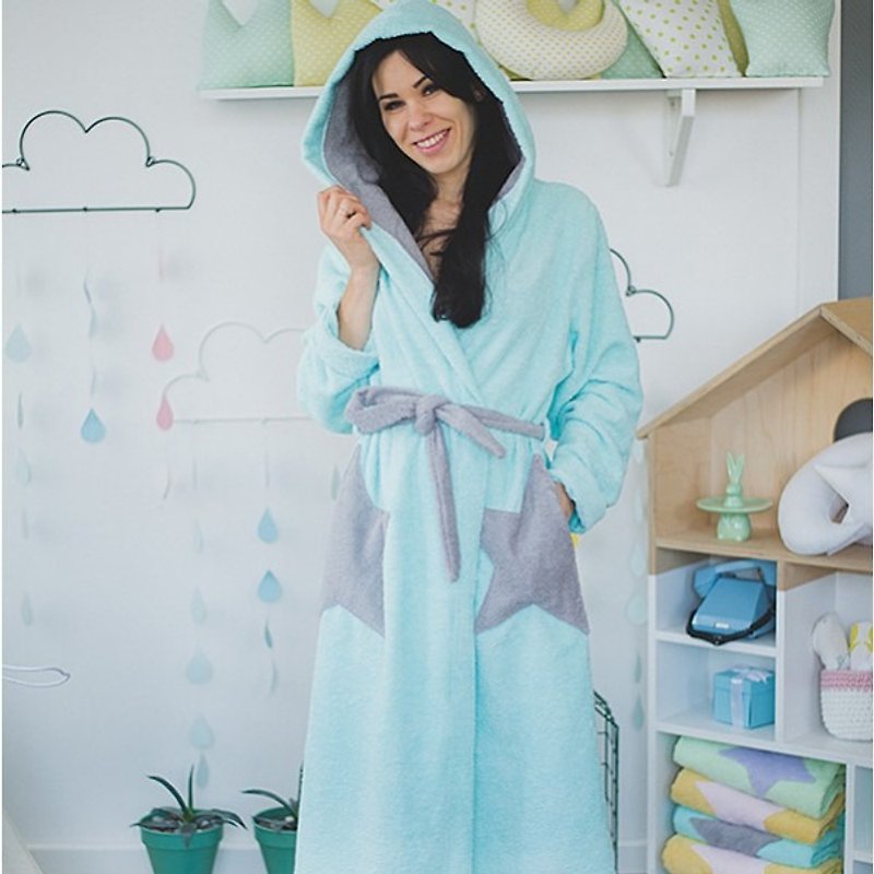 Women bathrobe with hood, blue star robe for women - 女上衣/長袖上衣 - 棉．麻 藍色