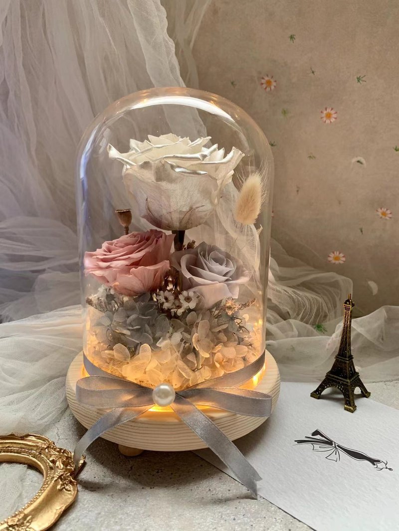 永生珍珠玫瑰玻璃花盅(附禮盒)  /情人禮/生日禮/開幕禮/居家擺飾 - 乾燥花/永生花 - 植物．花 