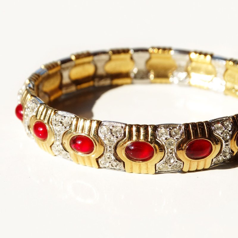 80s vintage rhinestone × red cabochon bangle - 手鍊/手環 - 其他金屬 紅色