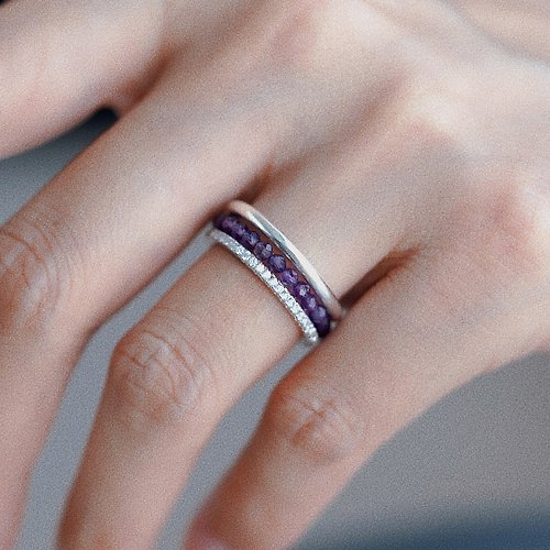VISHI未時東方美學珠寶 巴西紫水晶純銀戒指組合三件套 未時天然珠小衆設計疊戴時尚女士