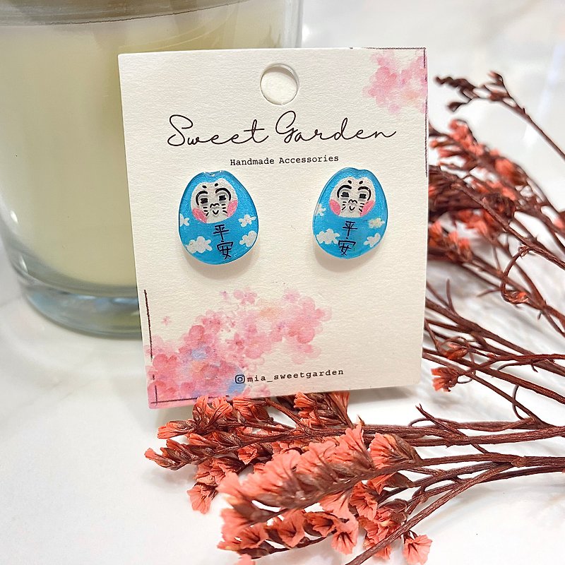 Japanese style! Hand-painted Ping An Dharma ear acupuncture (one pair) - Earrings & Clip-ons - Plastic Blue