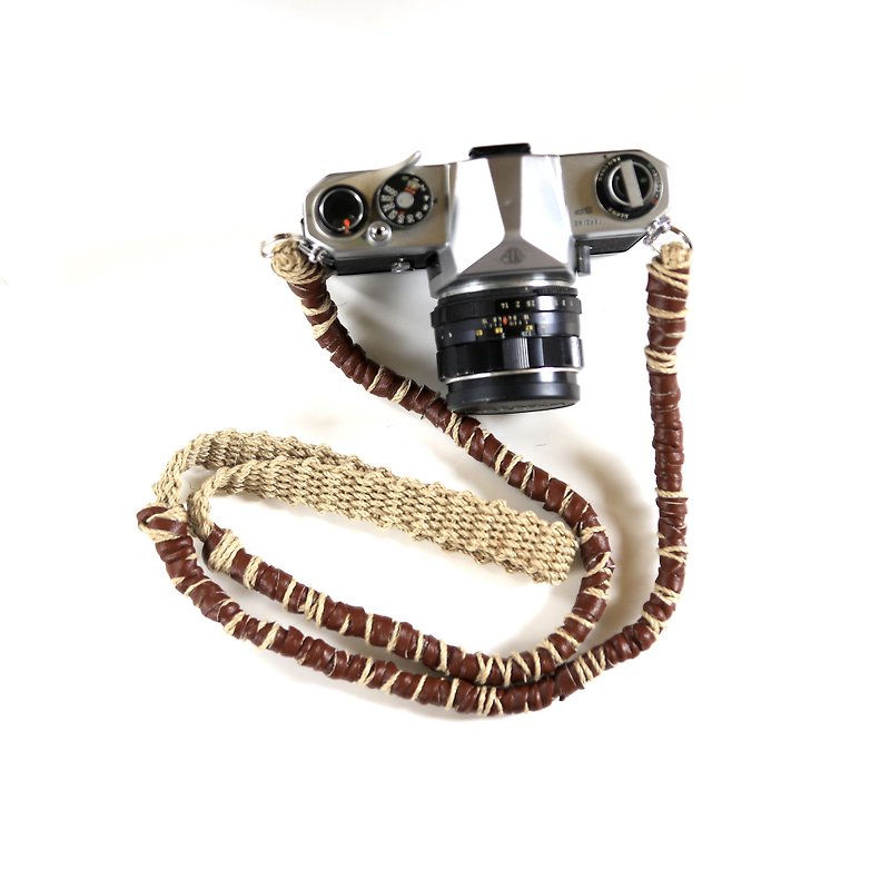 フェイクレザーと麻紐ヘンプのカメラストラップ/2重リング - 相機背帶 - 棉．麻 咖啡色