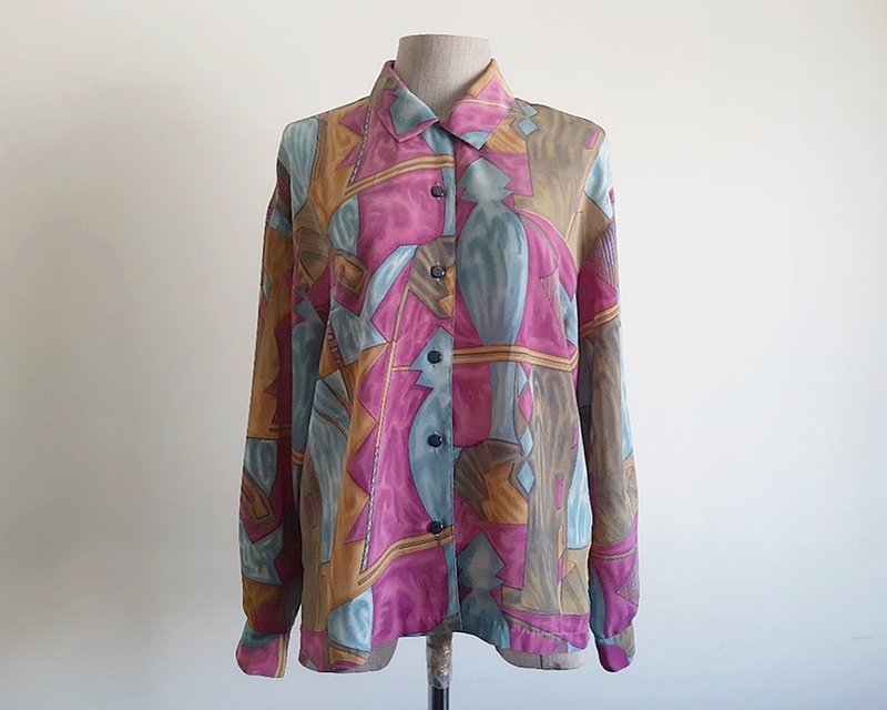 Medium Vintage Purple Blue Abstract Print Blouse Womens Long Sleeve Shirt M - 女上衣/長袖上衣 - 聚酯纖維 紫色