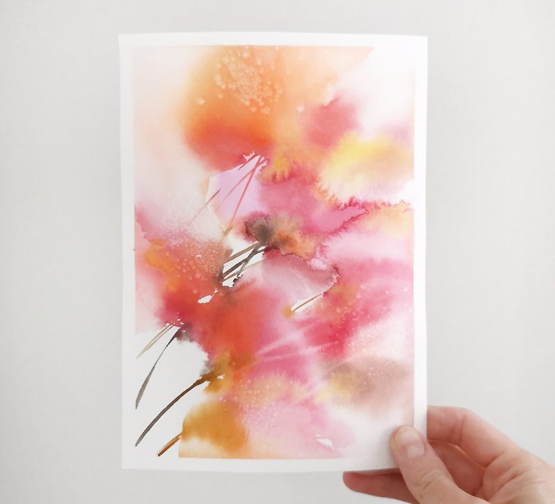 紙 カード・はがき レッド - 花のバースデーカードピンクの水彩画花オリジナル絵画小さな壁の芸術