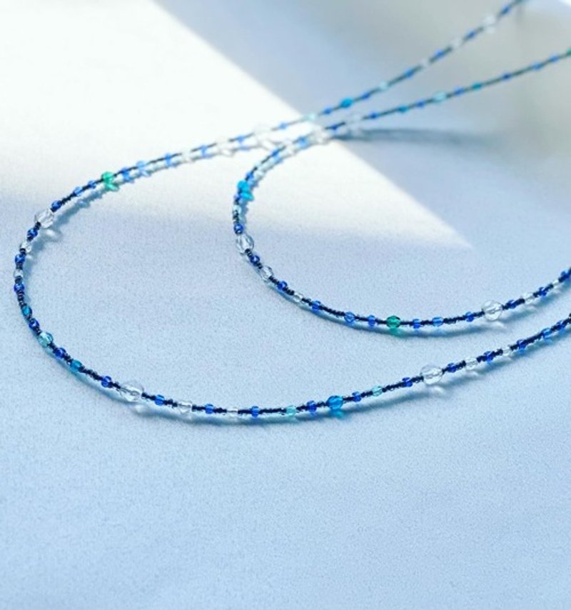 Sea-colored and ripple-shaped beads long necklace [can be changed to glasses strap] - Necklaces - Glass Blue